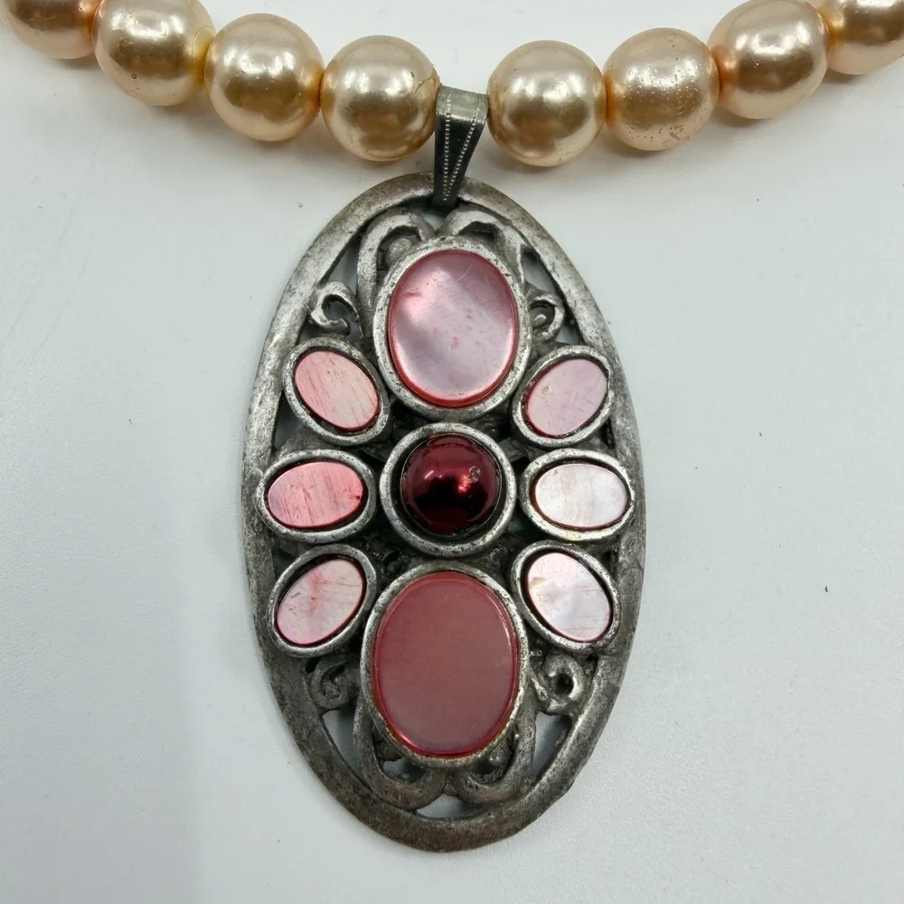 Blush Faux Pearl Pink Cabochon Pendant Necklace Silver Tone Coquette Statement